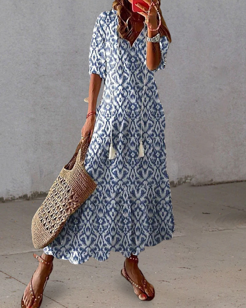 Long Maxi Dress for Women - A-Line V-Neck Printed Elegant Summer Dress