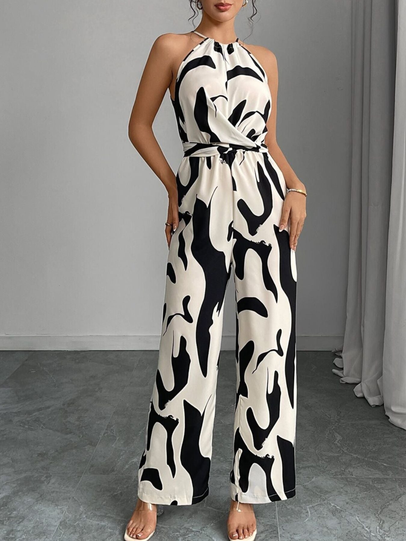 Women's Abstract Print Wide Leg Tie Waist Jumpsuit