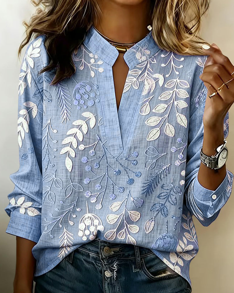 Floral Print V-Neck Blouse with Short Sleeves