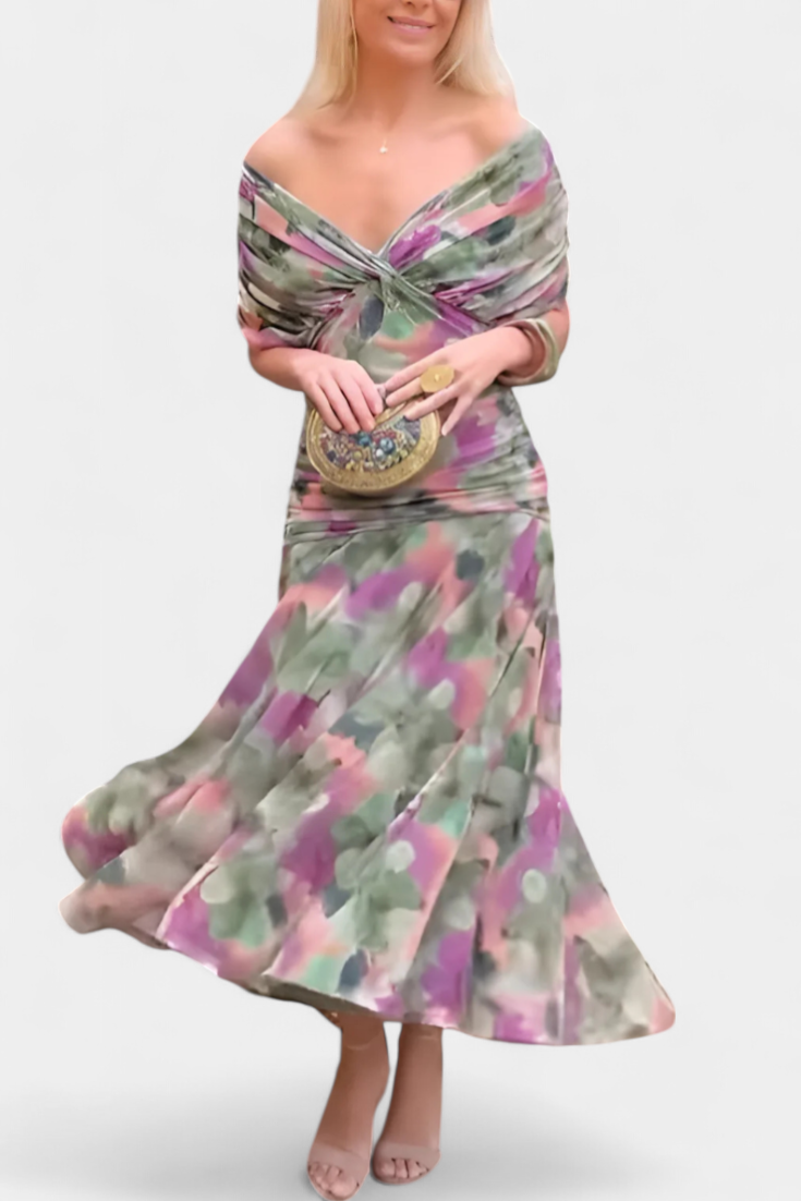 Ruched V-Neck Flowy Maxi Dress