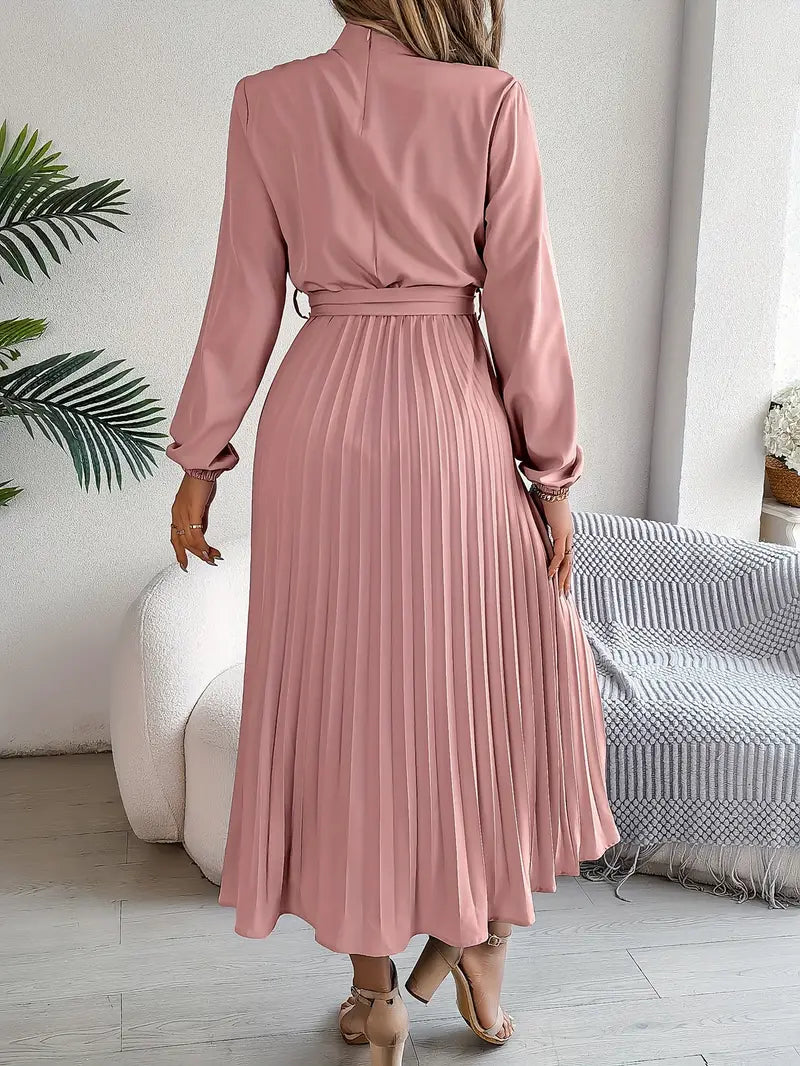 Belted Pleated Midi Dress with Long Sleeves