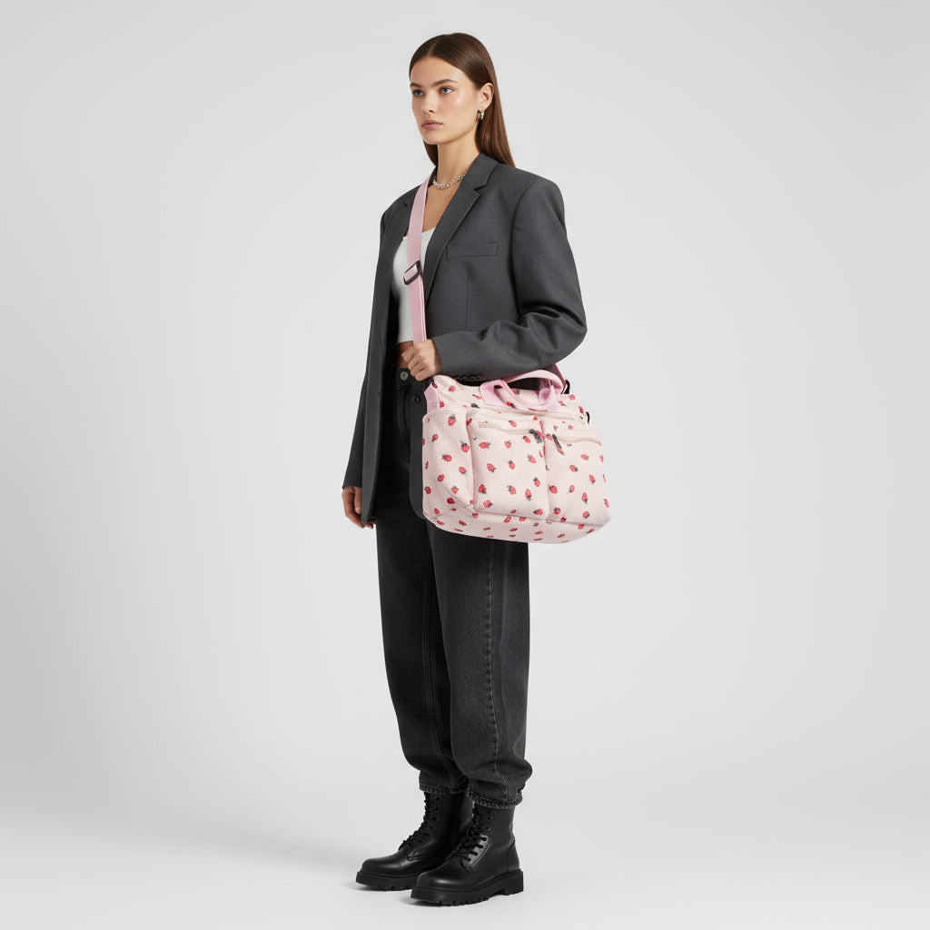 Strawberry Print Corduroy Shoulder Bag