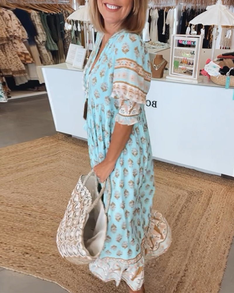 Floral V-Neck Midi Dress with Wrap Skirt
