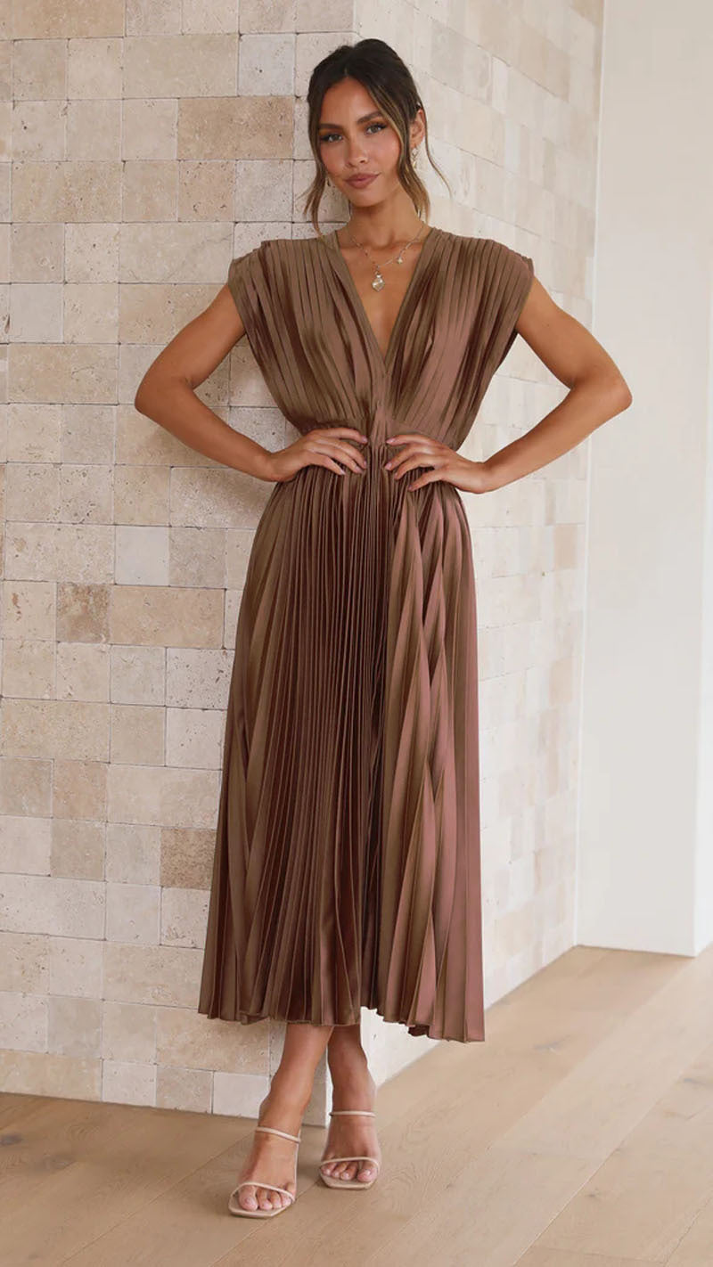 Pleated V-Neck Midi Dress