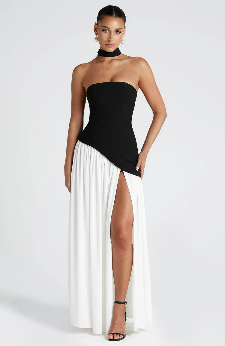 Strapless Asymmetric Hem Chiffon Maxi Dress