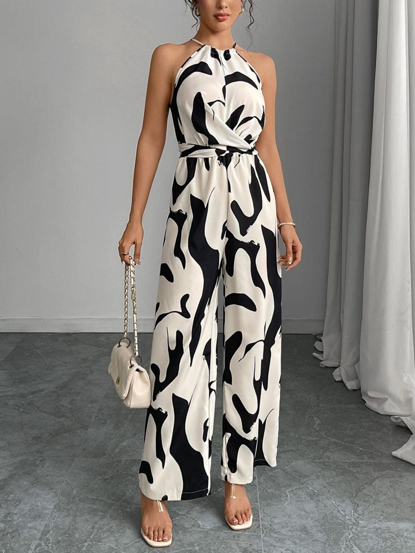 Women's Abstract Print Wide Leg Tie Waist Jumpsuit