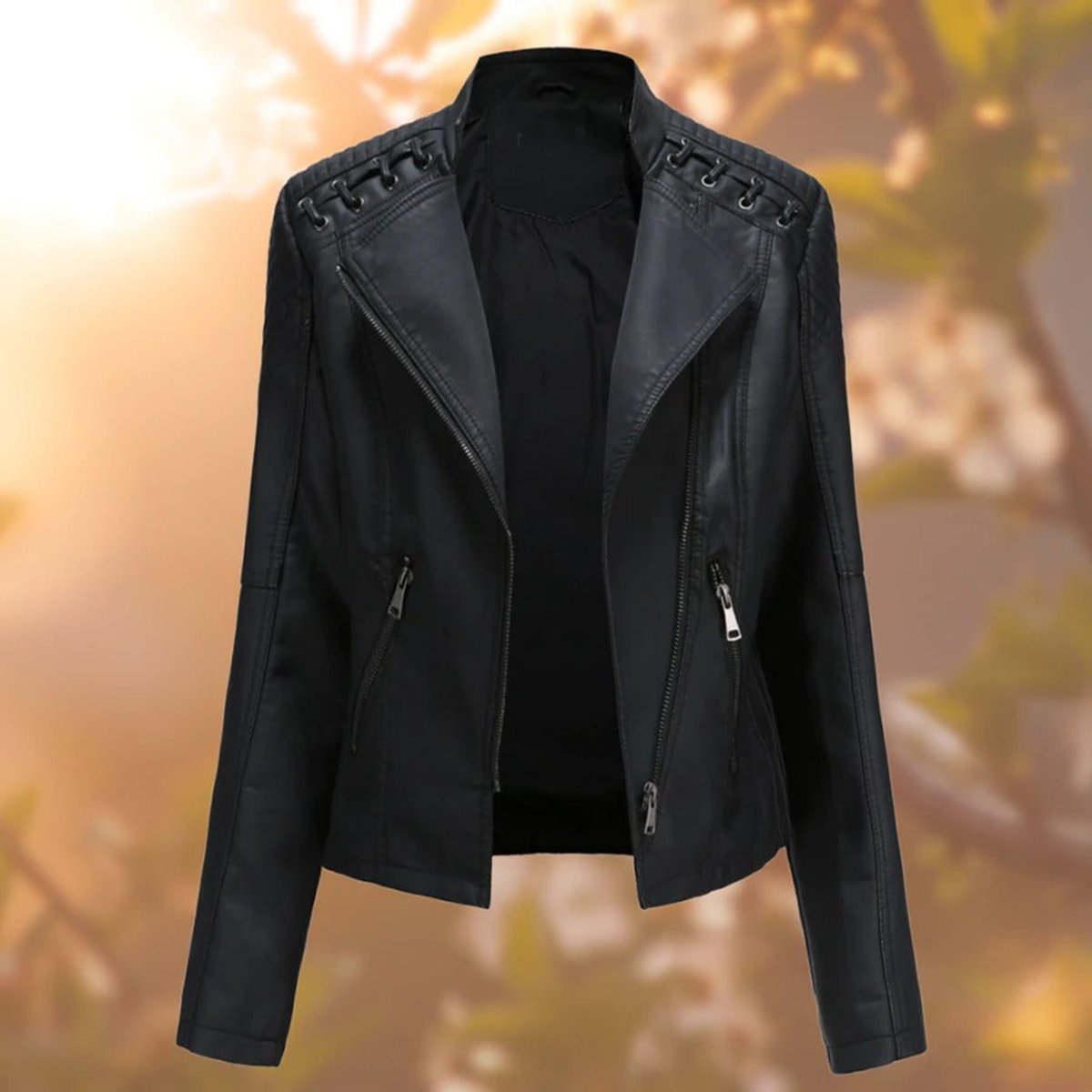 Asymmetric Zip Biker Jacket With Shoulder Lacing