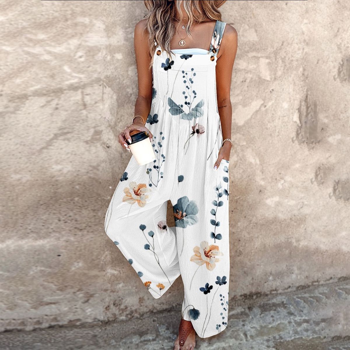 Sleeveless Floral Print Wide Leg Dungarees
