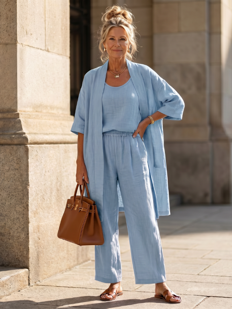 Wide Leg Three Piece Matching Set with Open Front Layer