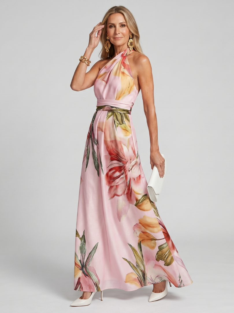 Halter Neck Flowing Maxi Dress with Gathered Bodice