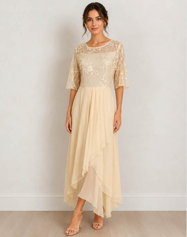 Lace Midi Cocktail Dress With Tulle Hem