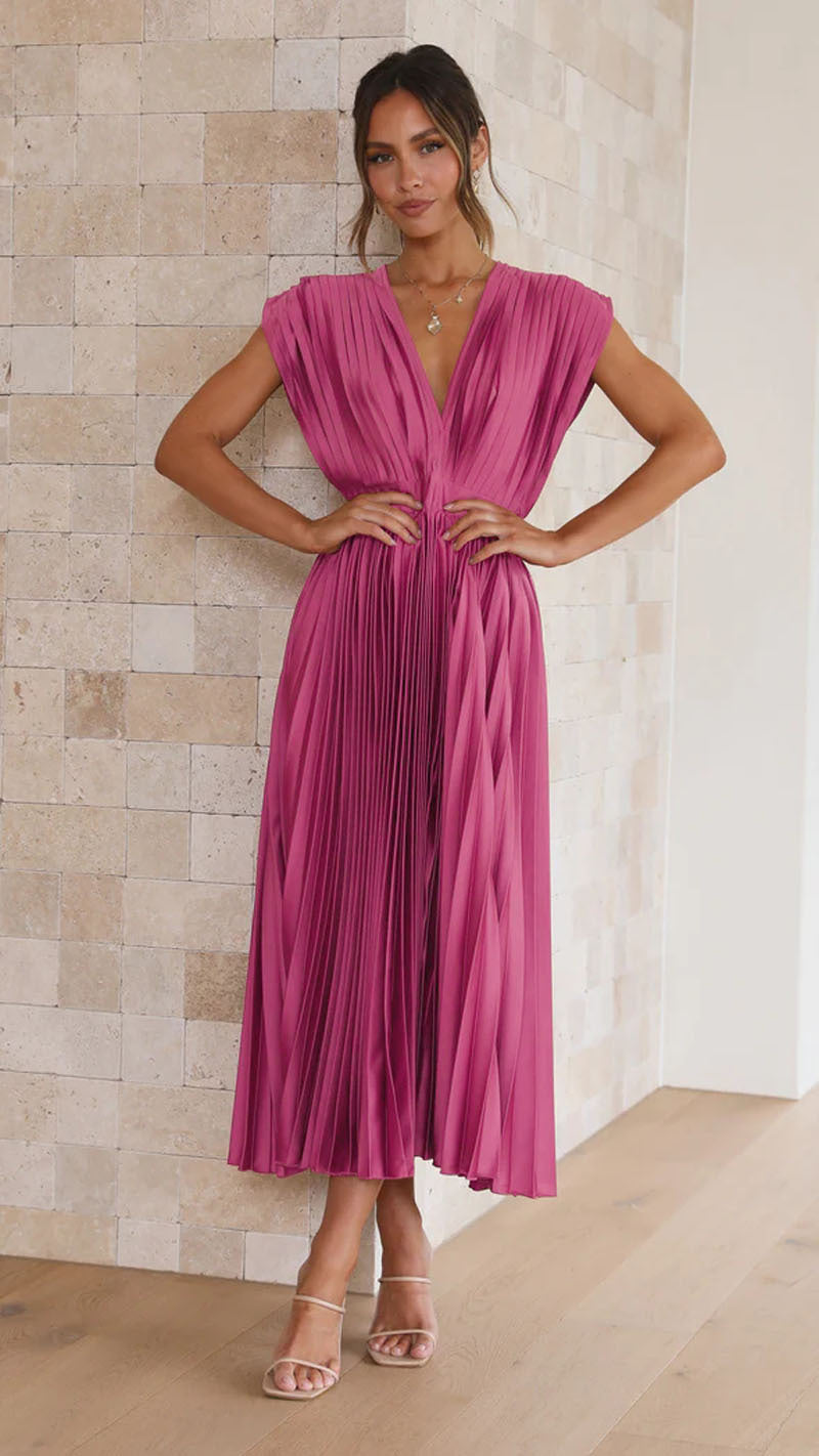 Pleated V-Neck Midi Dress