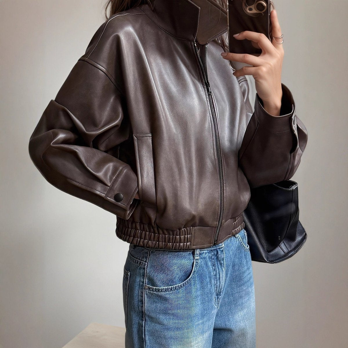 Relaxed Fit Faux Leather Bomber Jacket