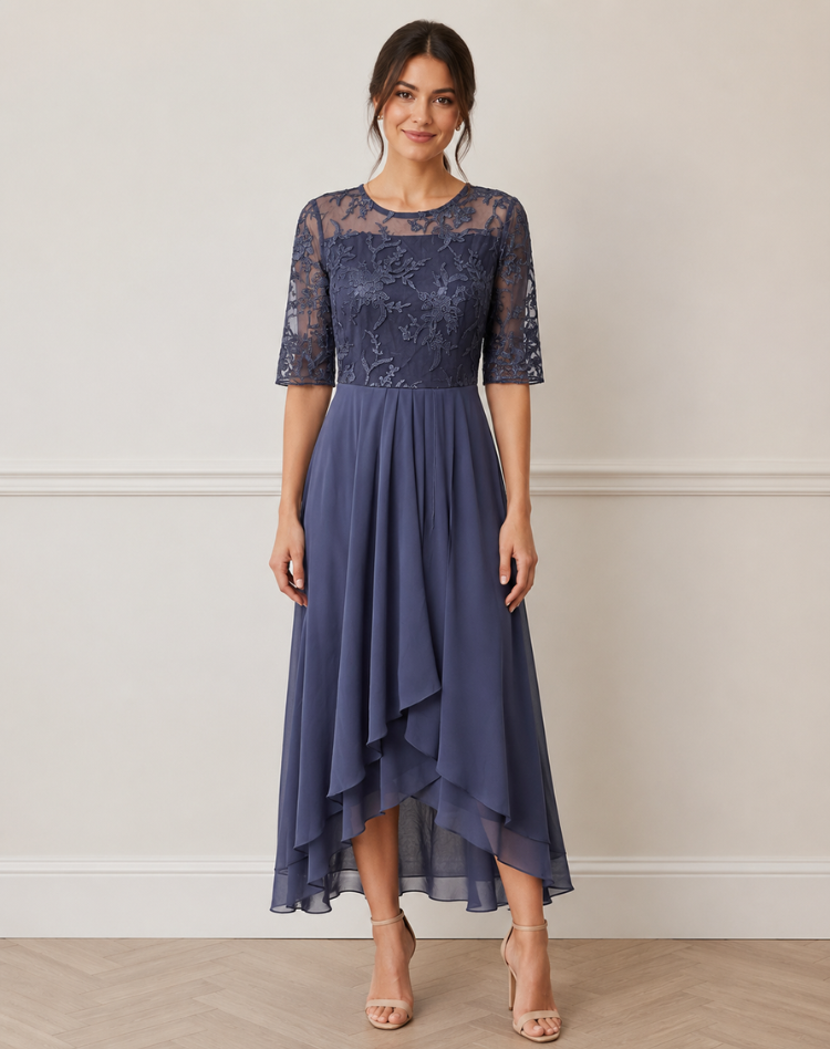 Lace Midi Cocktail Dress With Tulle Hem