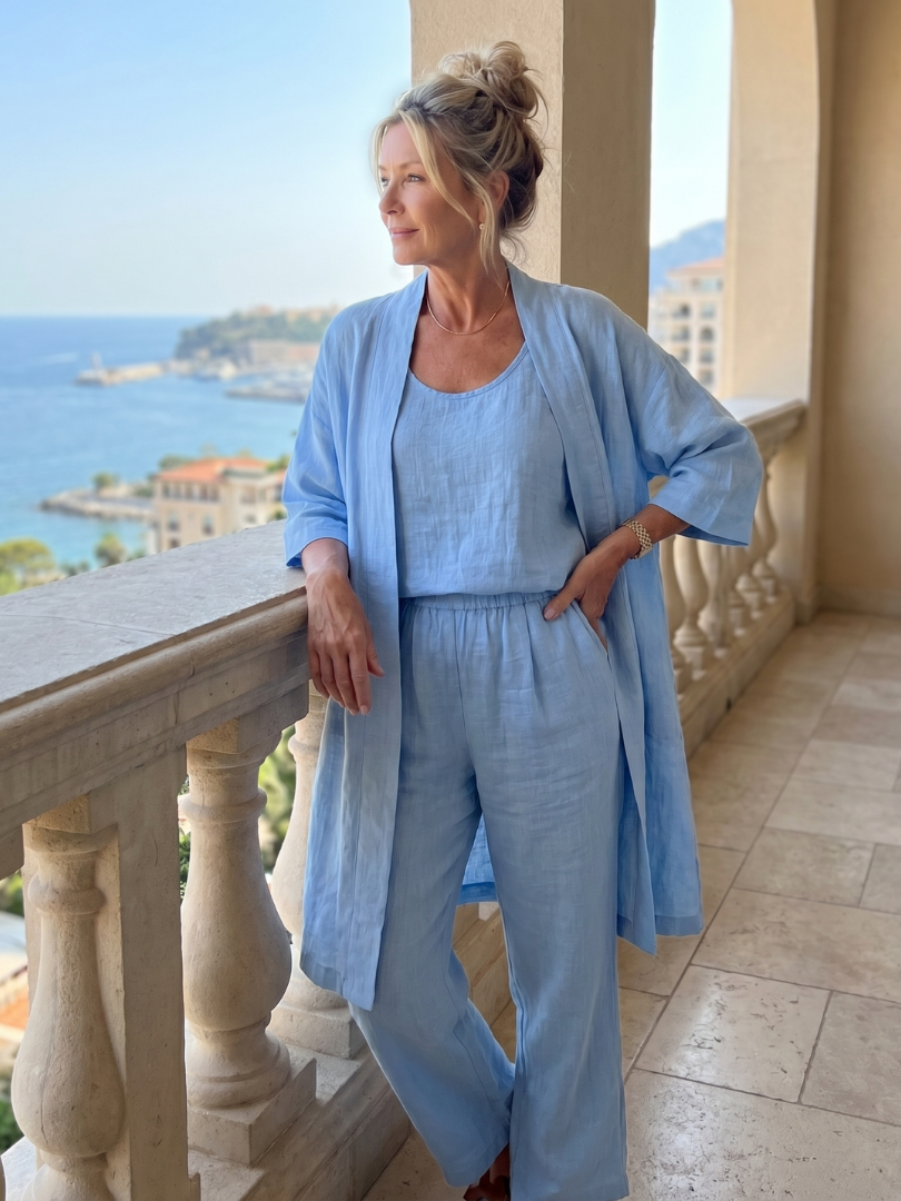 Wide Leg Three Piece Matching Set with Open Front Layer