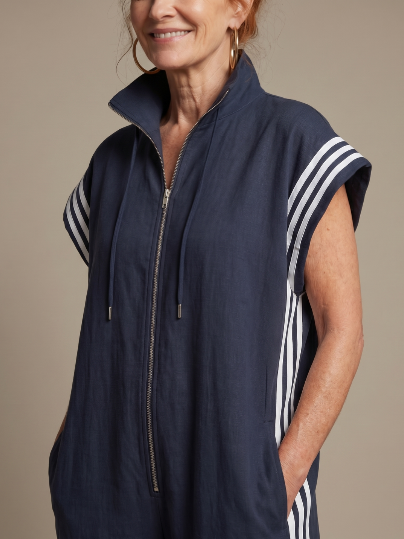 Full Length Zip Front Jumpsuit with Side Stripe Panels