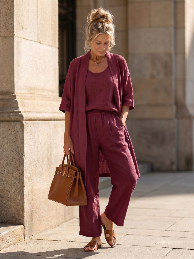 Wide Leg Three Piece Matching Set with Open Front Layer