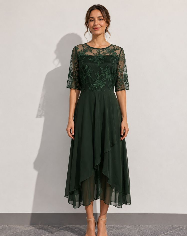Lace Midi Cocktail Dress With Tulle Hem