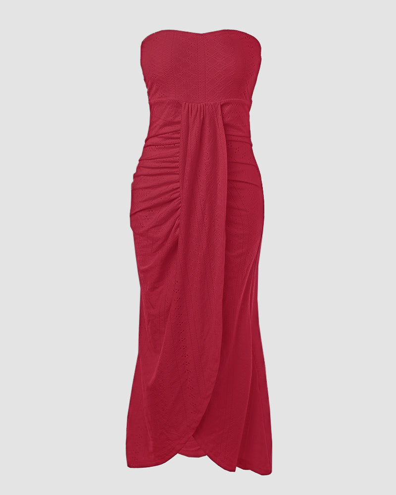 Ruched Bandeau Maxi Dress With Eyelet Embroidery