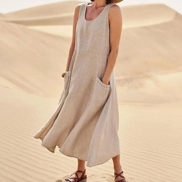 Relaxed Linen Midi Dress With Side Pockets