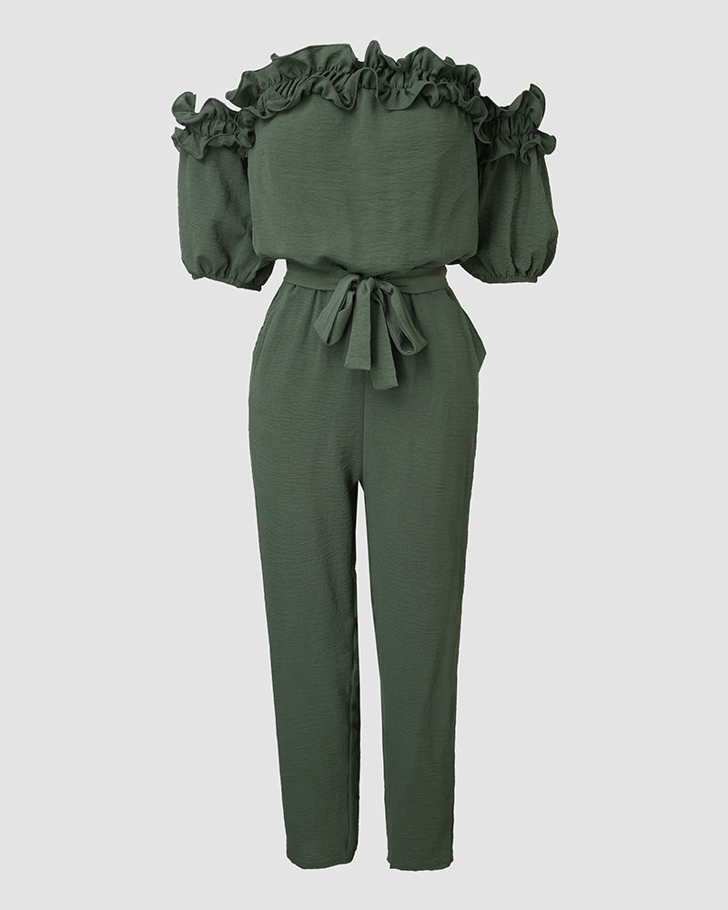 Off-Shoulder Frill Trim Tie Waist Textured Jumpsuit