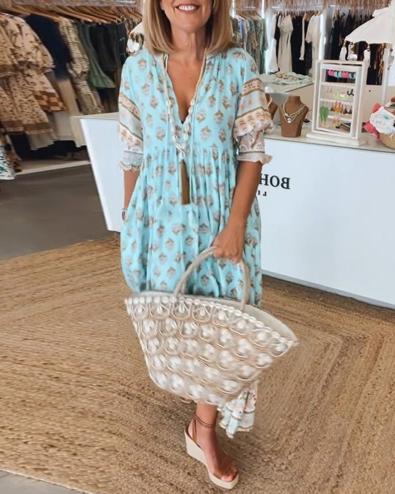 Floral V-Neck Midi Dress with Wrap Skirt
