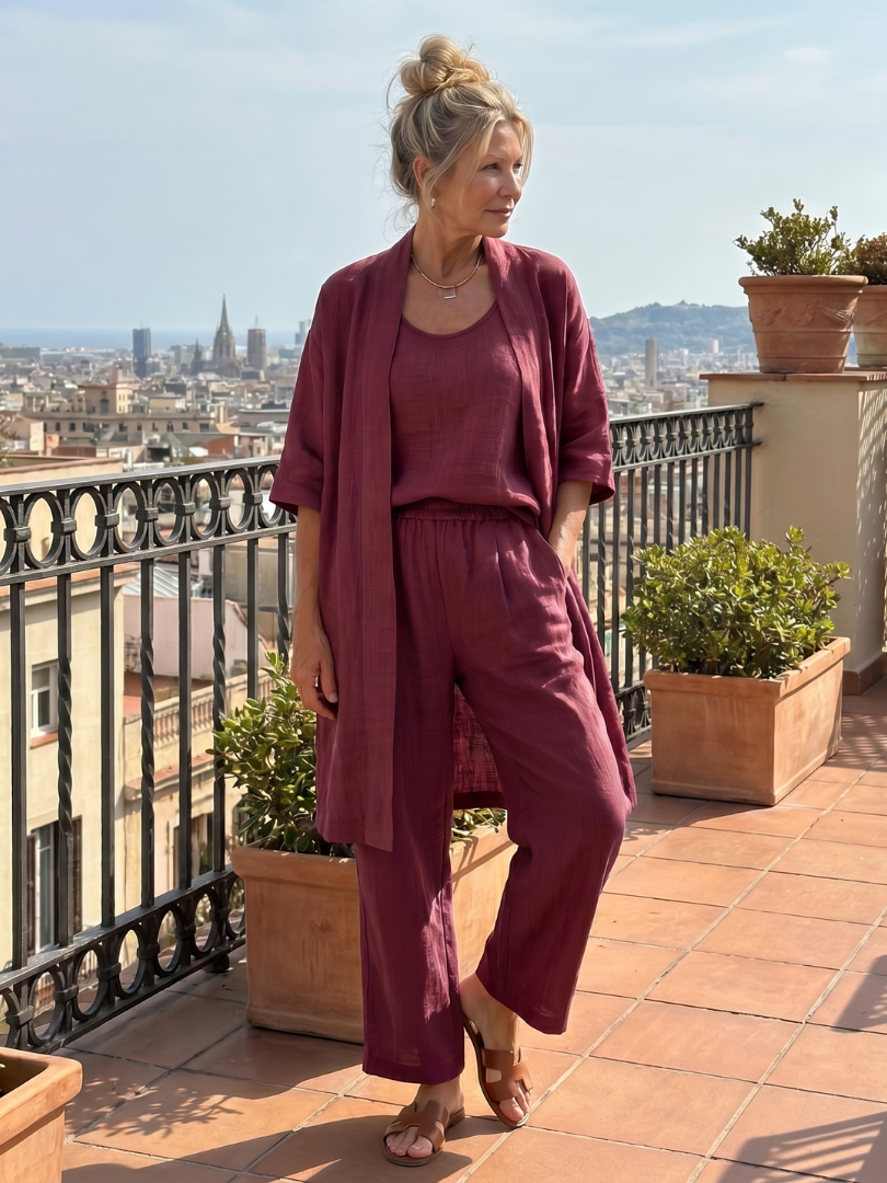 Wide Leg Three Piece Matching Set with Open Front Layer