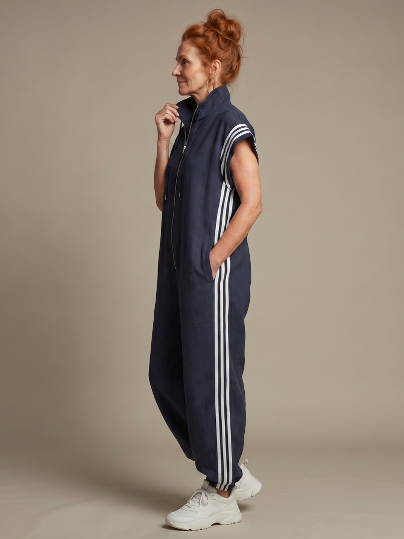 Full Length Zip Front Jumpsuit with Side Stripe Panels