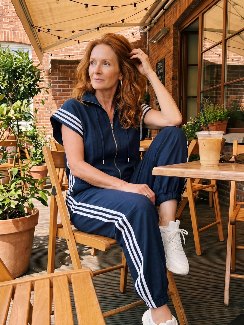 Full Length Zip Front Jumpsuit with Side Stripe Panels