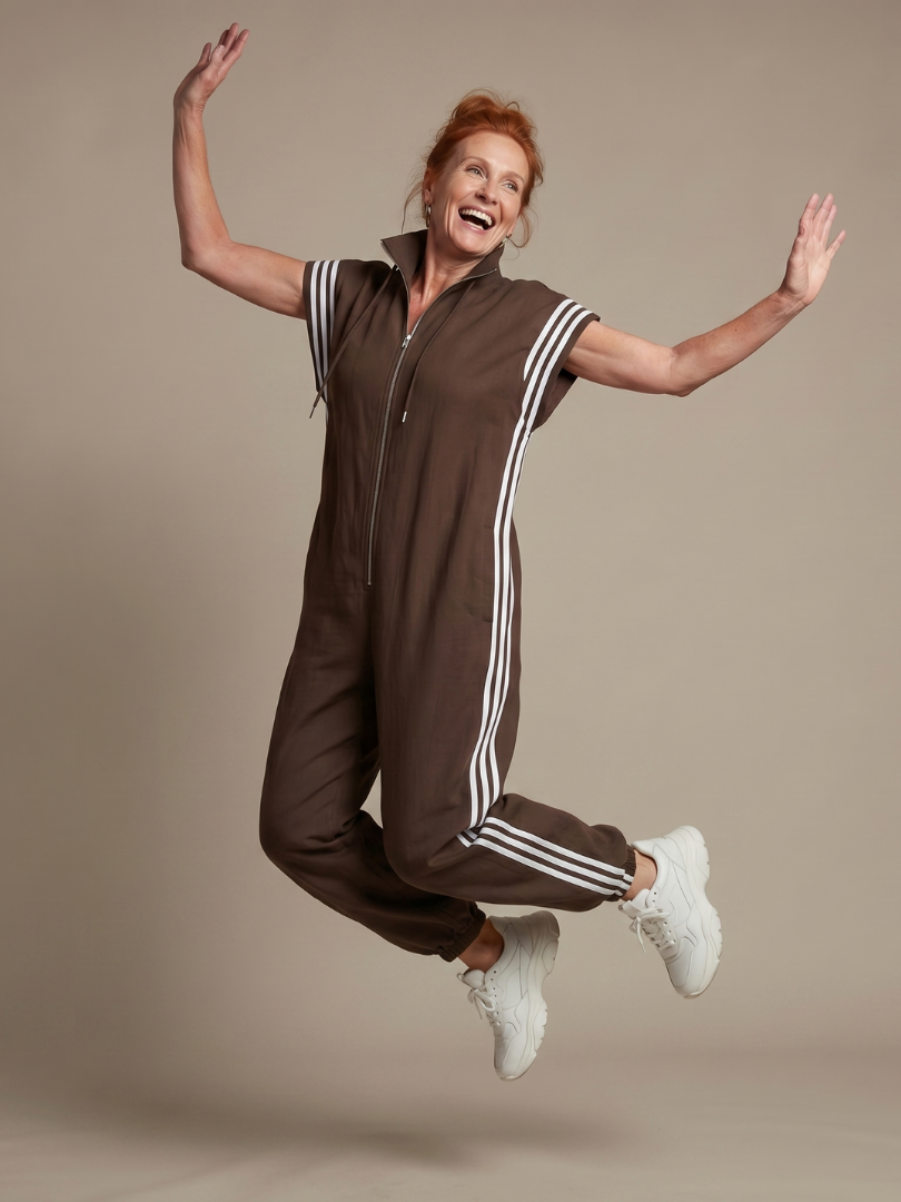 Full Length Zip Front Jumpsuit with Side Stripe Panels