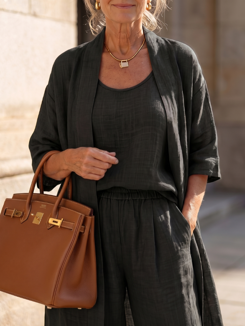 Wide Leg Three Piece Matching Set with Open Front Layer