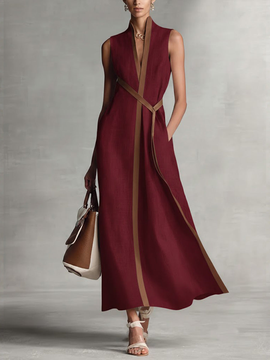 Sleeveless Linen Blend Midi Dress With Mandarin Collar