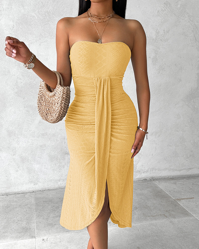 Ruched Bandeau Maxi Dress With Eyelet Embroidery