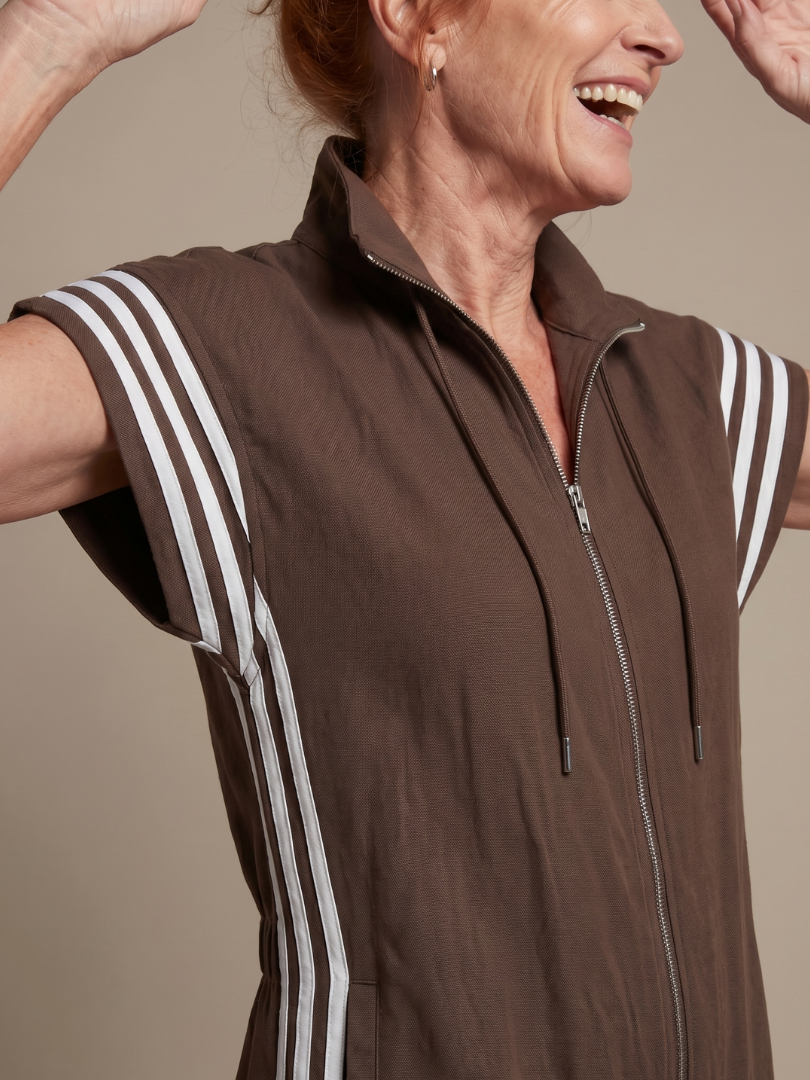 Full Length Zip Front Jumpsuit with Side Stripe Panels