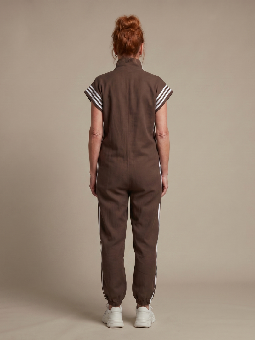 Full Length Zip Front Jumpsuit with Side Stripe Panels
