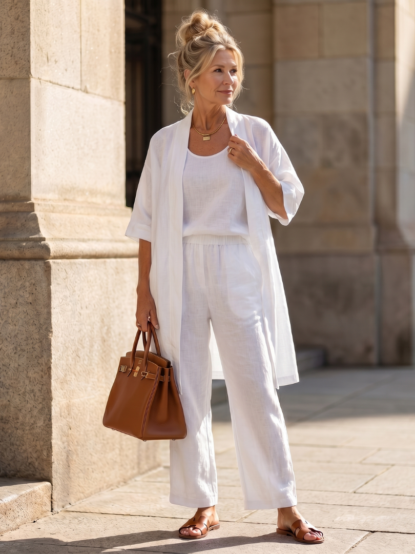 Wide Leg Three Piece Matching Set with Open Front Layer
