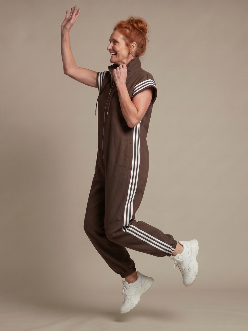 Full Length Zip Front Jumpsuit with Side Stripe Panels
