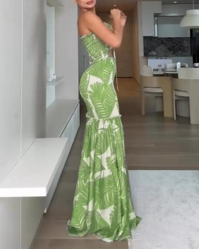 Tropical Print Halter Shirred Mermaid Vacation Dress
