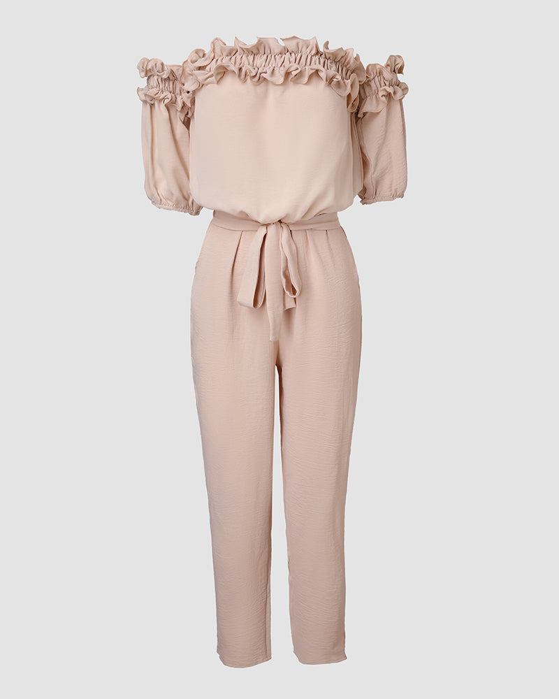 Off-Shoulder Frill Trim Tie Waist Textured Jumpsuit