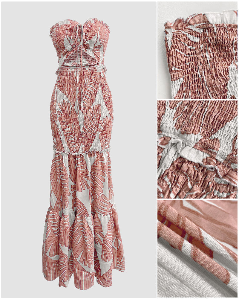 Tropical Print Halter Shirred Mermaid Vacation Dress