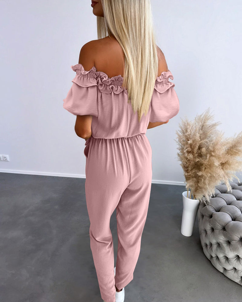 Off-Shoulder Frill Trim Tie Waist Textured Jumpsuit