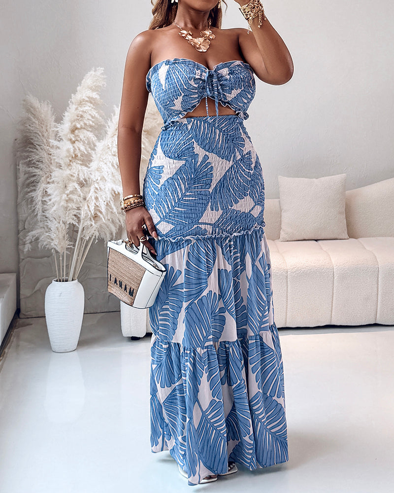 Tropical Print Halter Shirred Mermaid Vacation Dress