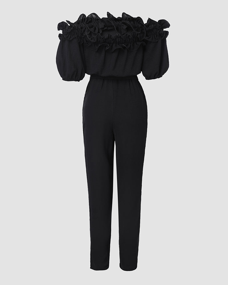 Off-Shoulder Frill Trim Tie Waist Textured Jumpsuit