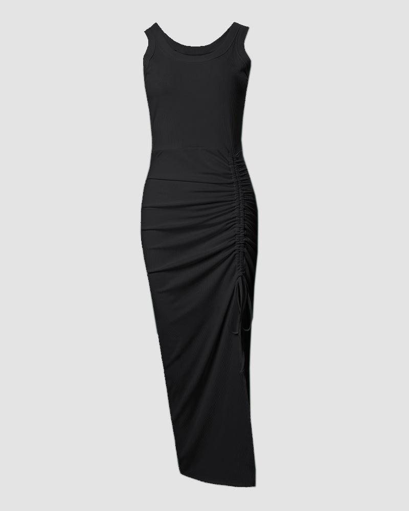 Sleeveless Ribbed Ruched Bodycon Maxi Tank Dress