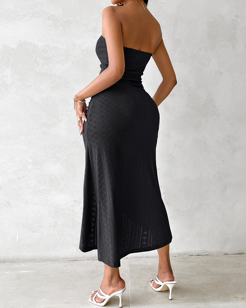 Ruched Bandeau Maxi Dress With Eyelet Embroidery