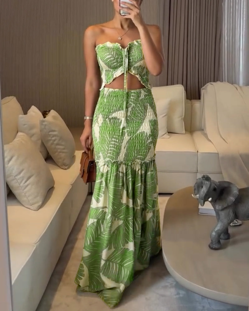 Tropical Print Halter Shirred Mermaid Vacation Dress