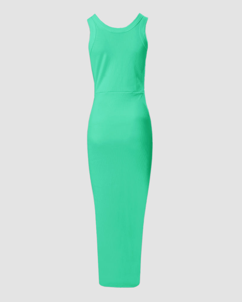 Sleeveless Ribbed Ruched Bodycon Maxi Tank Dress