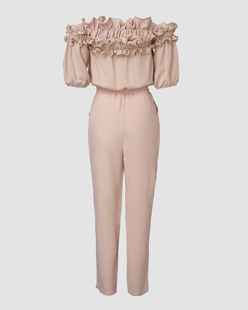 Off-Shoulder Frill Trim Tie Waist Textured Jumpsuit