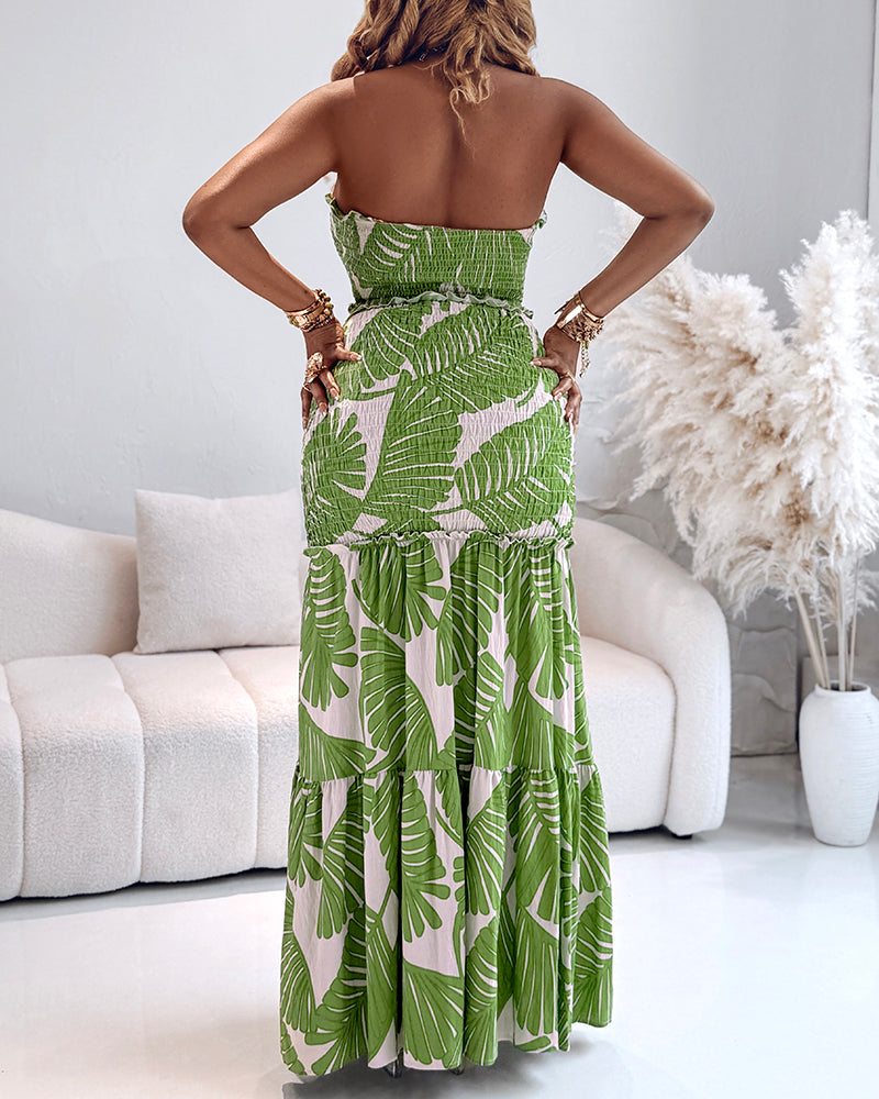 Tropical Print Halter Shirred Mermaid Vacation Dress
