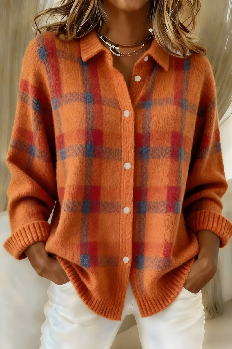 Loose Fit Plaid Cardigan In Soft Retro Knit